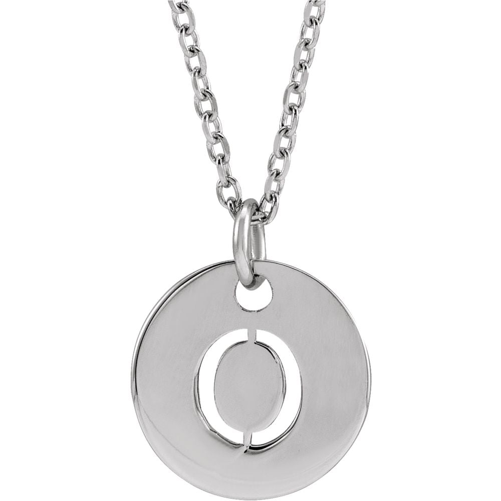 14k White Gold Initial O, Small 10mm Pierced Disc Necklace, 16-18 Inch, Item N18188-O by The Black Bow Jewelry Co.