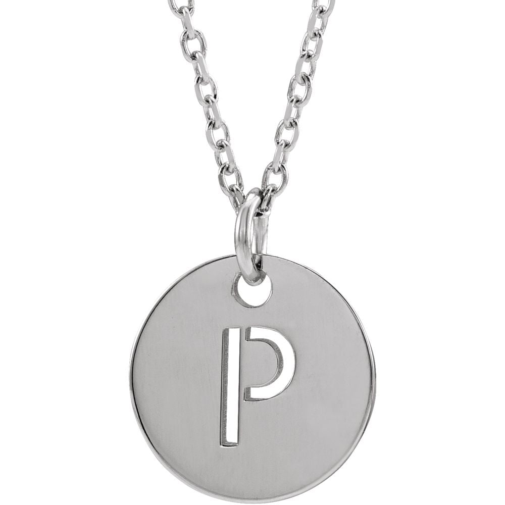 14k White Gold Initial P, Small 10mm Pierced Disc Necklace, 16-18 Inch, Item N18188-P by The Black Bow Jewelry Co.