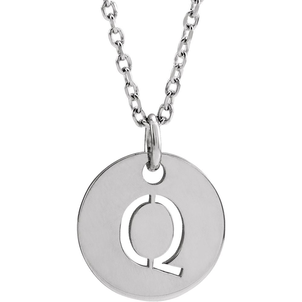 14k White Gold Initial Q, Small 10mm Pierced Disc Necklace, 16-18 Inch, Item N18188-Q by The Black Bow Jewelry Co.