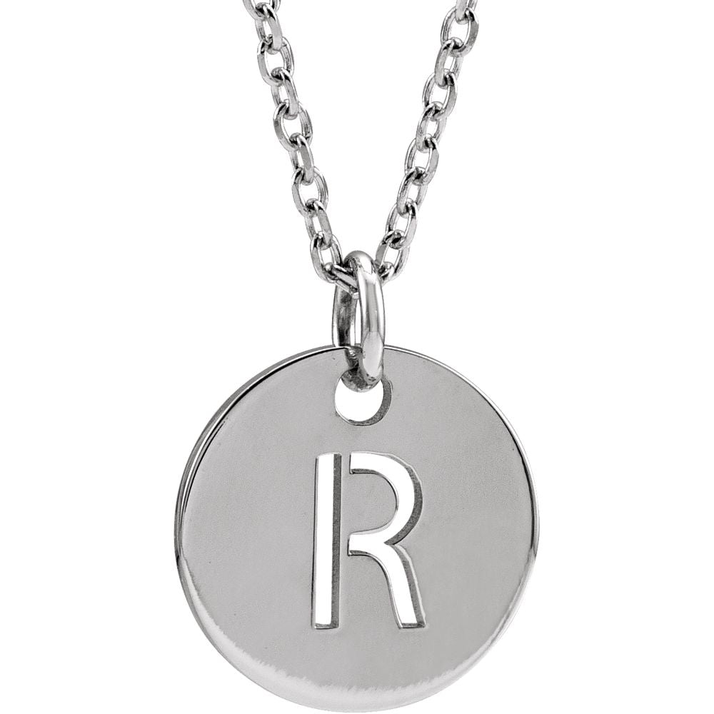 14k White Gold Initial R, Small 10mm Pierced Disc Necklace, 16-18 Inch, Item N18188-R by The Black Bow Jewelry Co.