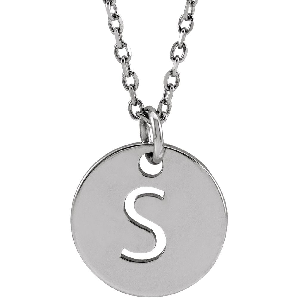 14k White Gold Initial S, Small 10mm Pierced Disc Necklace, 16-18 Inch, Item N18188-S by The Black Bow Jewelry Co.