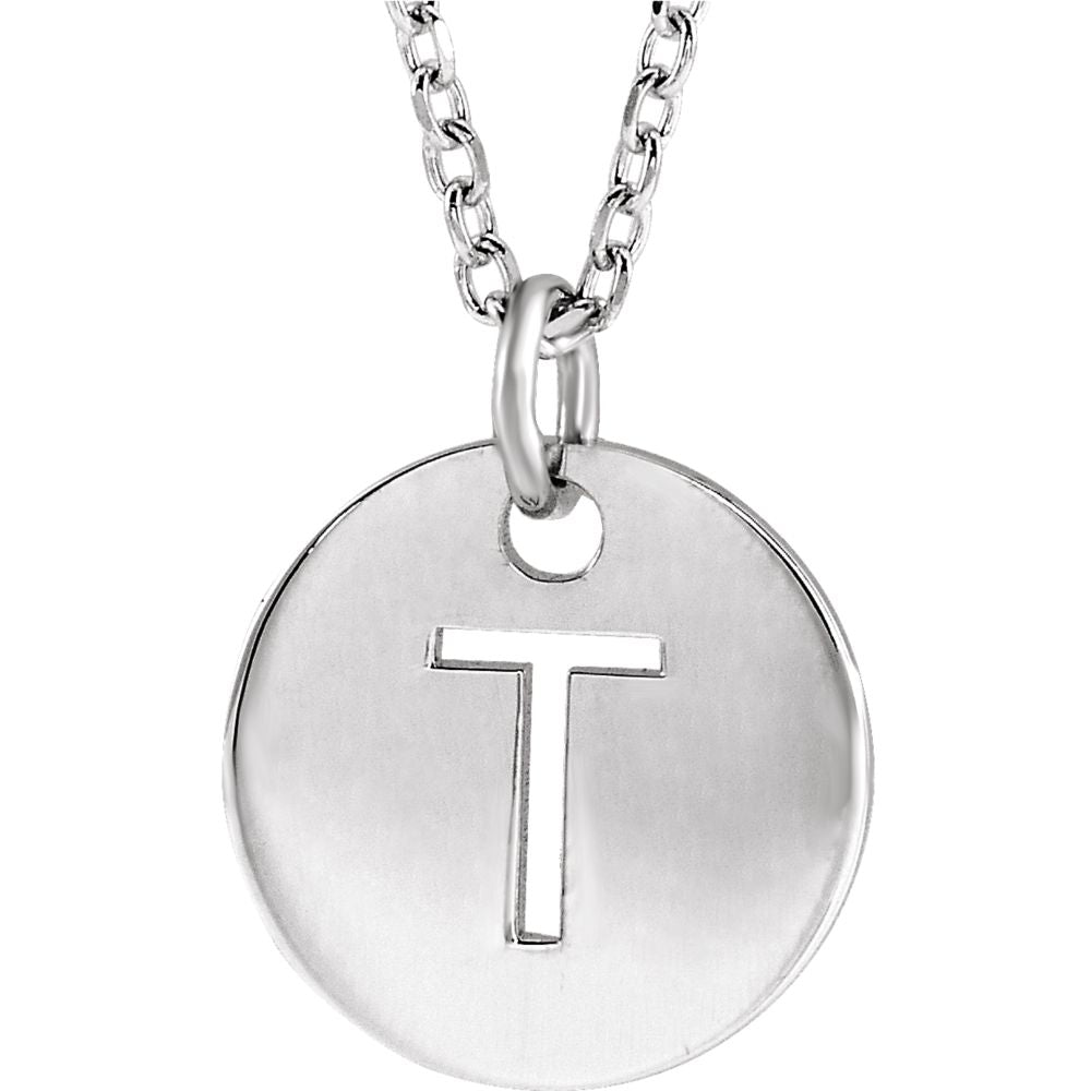 14k White Gold Initial T, Small 10mm Pierced Disc Necklace, 16-18 Inch, Item N18188-T by The Black Bow Jewelry Co.