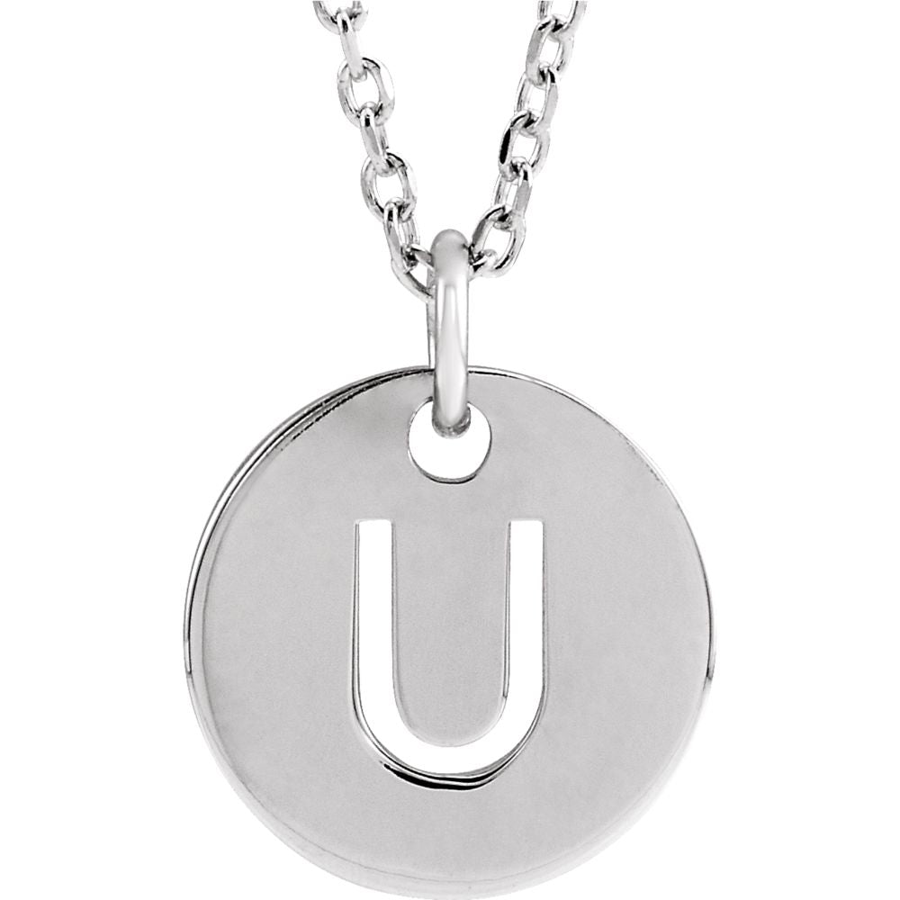 14k White Gold Initial U, Small 10mm Pierced Disc Necklace, 16-18 Inch, Item N18188-U by The Black Bow Jewelry Co.