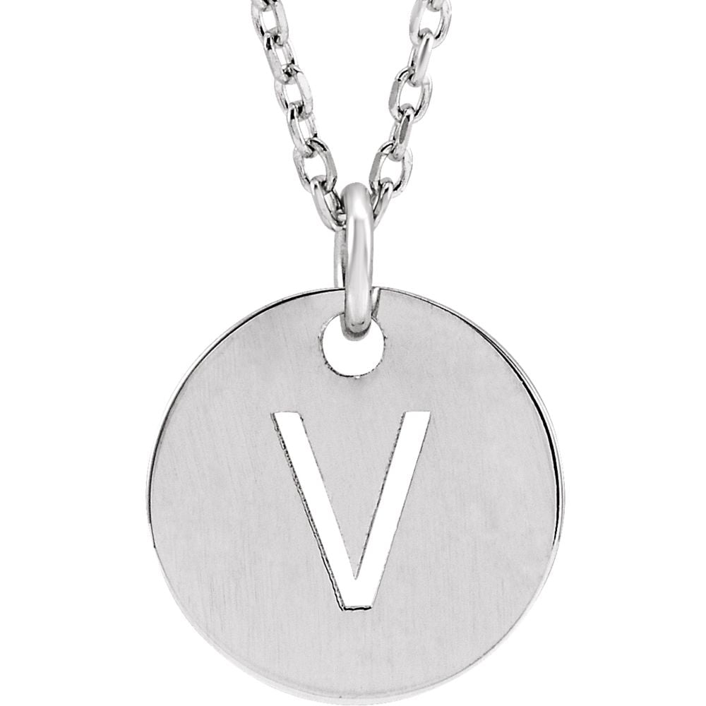 14k White Gold Initial V, Small 10mm Pierced Disc Necklace, 16-18 Inch, Item N18188-V by The Black Bow Jewelry Co.