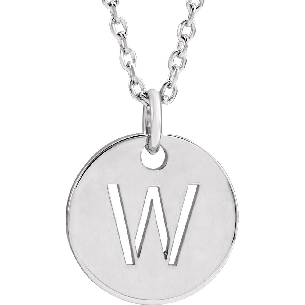 14k White Gold Initial W, Small 10mm Pierced Disc Necklace, 16-18 Inch, Item N18188-W by The Black Bow Jewelry Co.