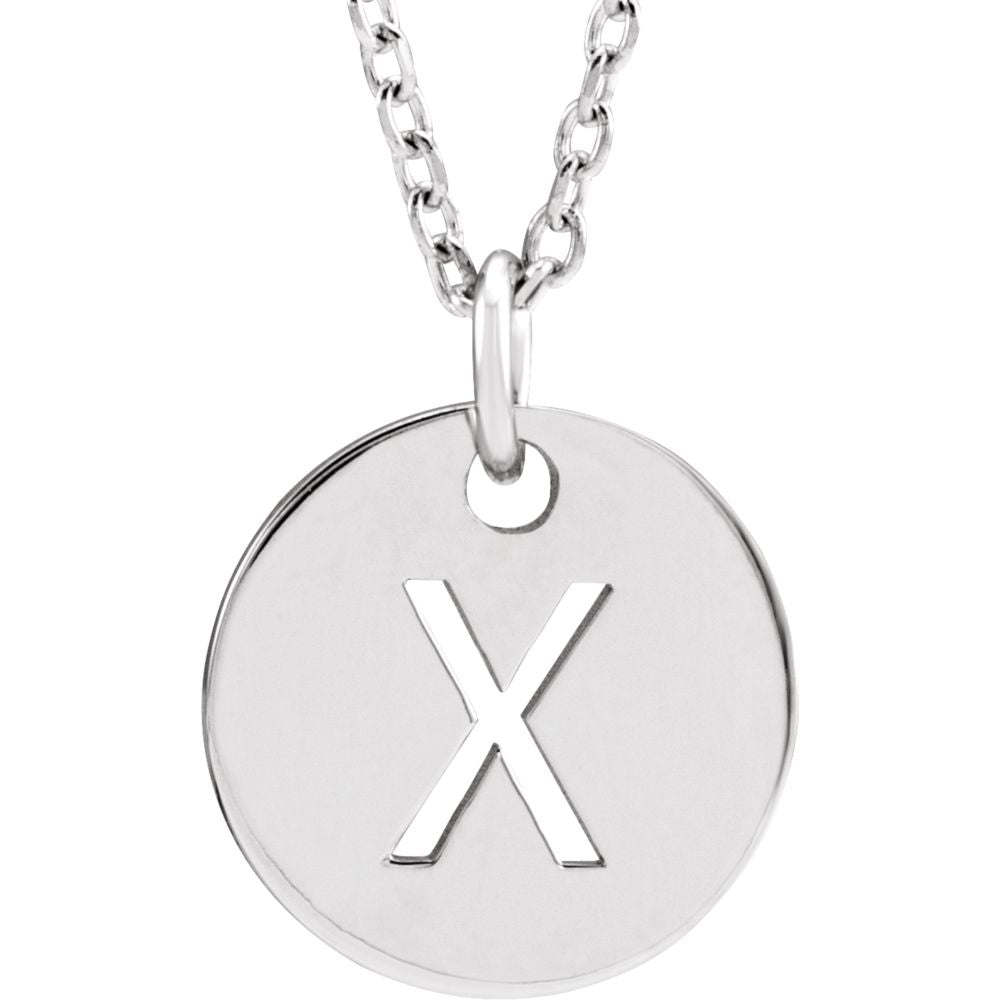 14k White Gold Initial X, Small 10mm Pierced Disc Necklace, 16-18 Inch, Item N18188-X by The Black Bow Jewelry Co.