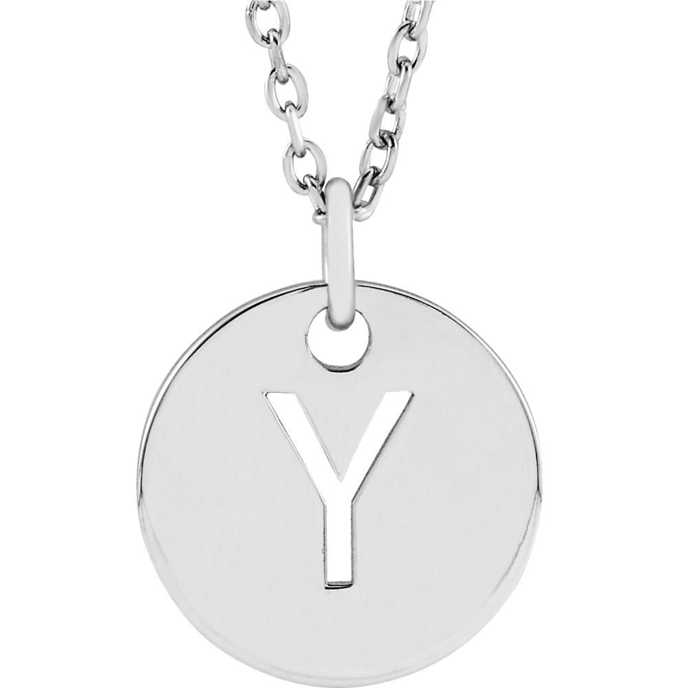 14k White Gold Initial Y, Small 10mm Pierced Disc Necklace, 16-18 Inch, Item N18188-Y by The Black Bow Jewelry Co.