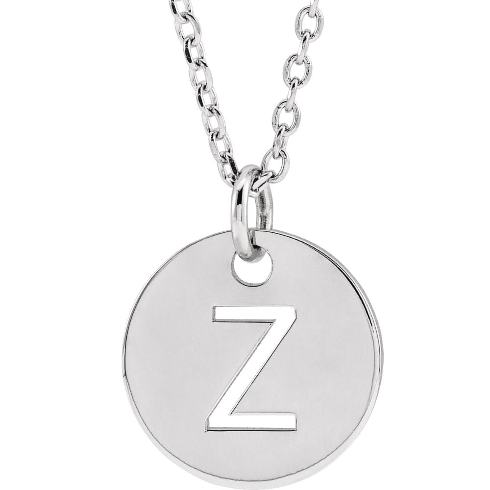 14k White Gold Initial Z, Small 10mm Pierced Disc Necklace, 16-18 Inch, Item N18188-Z by The Black Bow Jewelry Co.