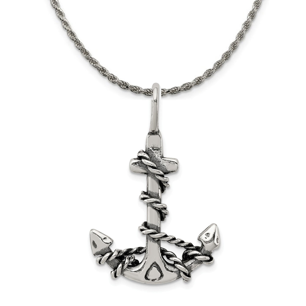 Sterling Silver 3D Antiqued Anchor and Rope Pendant Necklace, Item N18198 by The Black Bow Jewelry Co.