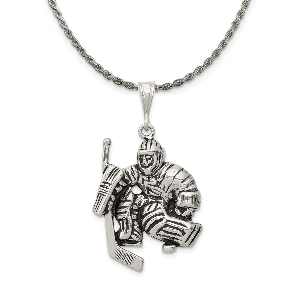 Sterling Silver Antiqued Hockey Goalie Pendant Necklace, Item N18204 by The Black Bow Jewelry Co.