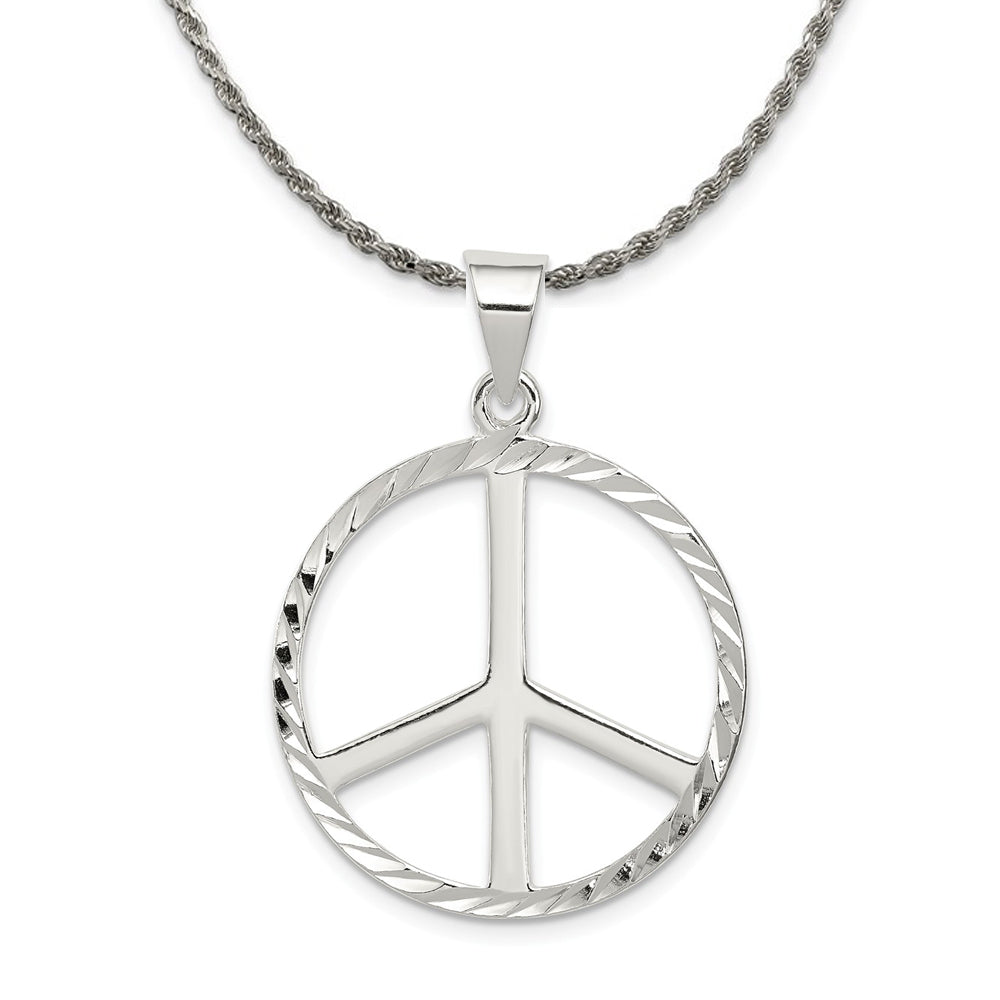 Sterling Silver 25mm Diamond Cut Peace Symbol Pendant Necklace, Item N18211 by The Black Bow Jewelry Co.