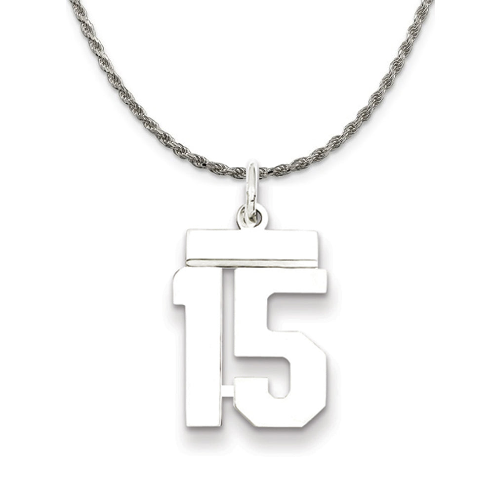 Sterling Silver Athletic Lg Polished Number 15 Necklace, Item N18231 by The Black Bow Jewelry Co.