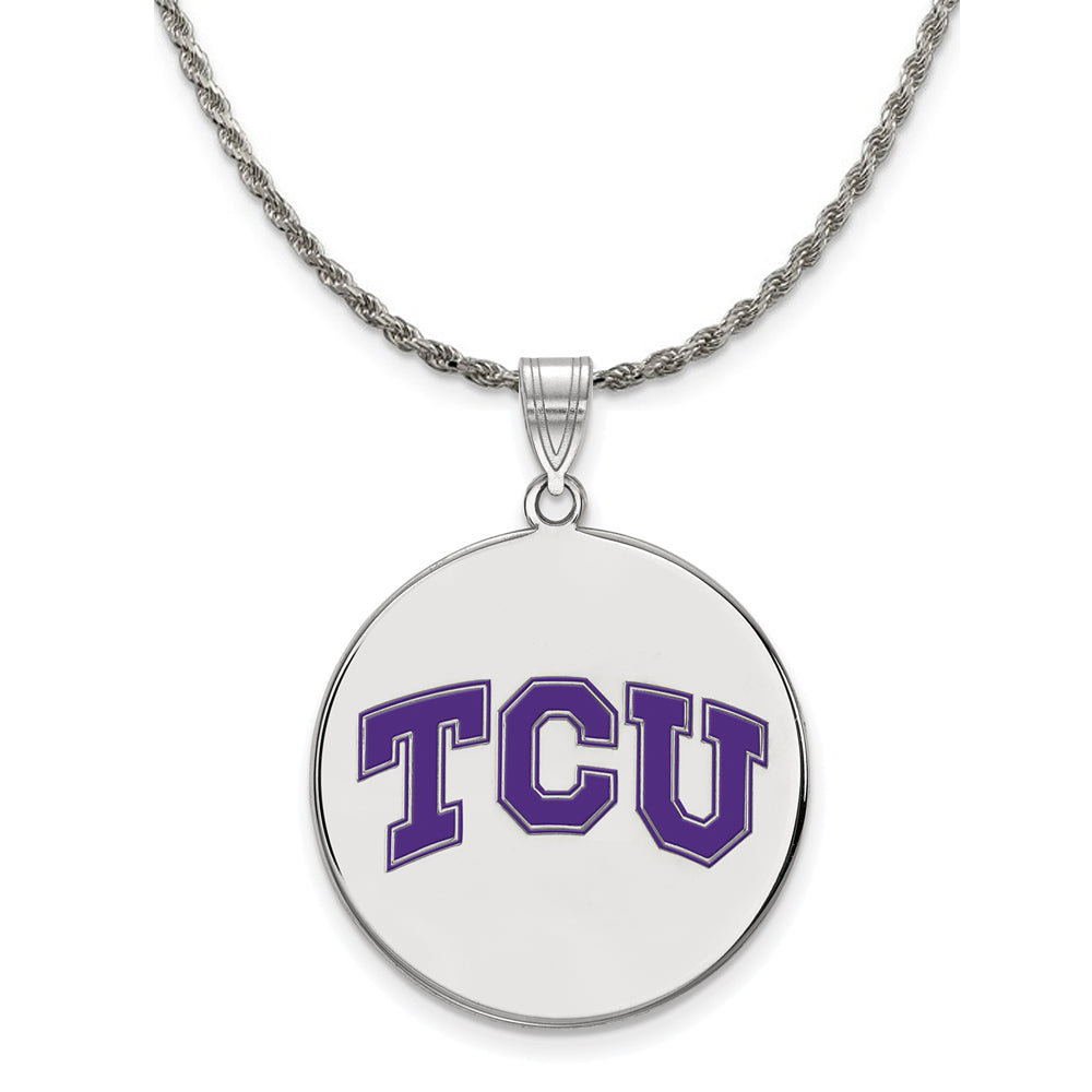 Sterling Silver Texas Christian U. XL Enamel Disc Necklace, Item N19113 by The Black Bow Jewelry Co.