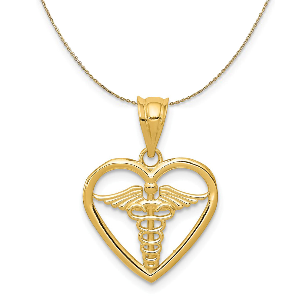 14k Yellow Gold Caduceus Heart Medical Necklace, 15mm, Item N19577 by The Black Bow Jewelry Co.