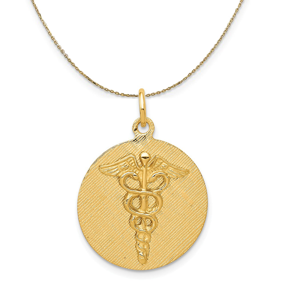 14k Yellow Gold 20mm Caduceus Disk Necklace, Item N19586 by The Black Bow Jewelry Co.