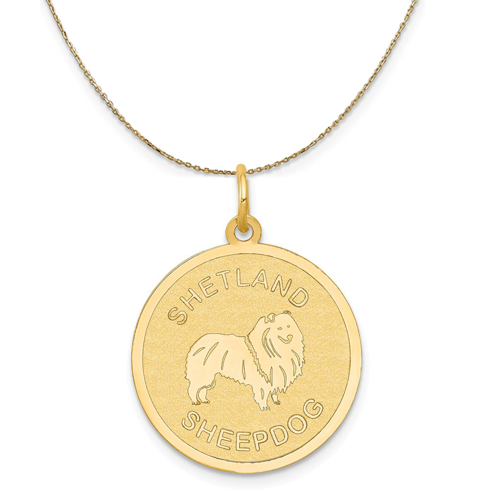 14k Yellow Gold Etched Shetland Sheepdog Disc Necklace, 19mm, Item N20366 by The Black Bow Jewelry Co.