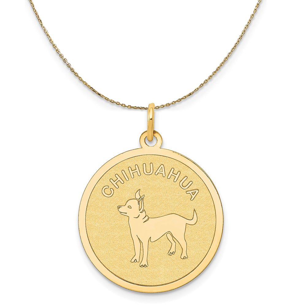 14k Yellow Gold Laser Etched Chihuahua Disc Necklace, 19mm, Item N20368 by The Black Bow Jewelry Co.