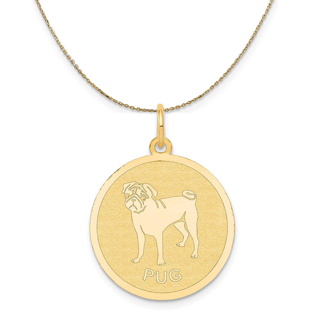 14k Yellow Gold Laser Etched Pug Disc Necklace, 19mm, Item N20371 by The Black Bow Jewelry Co.