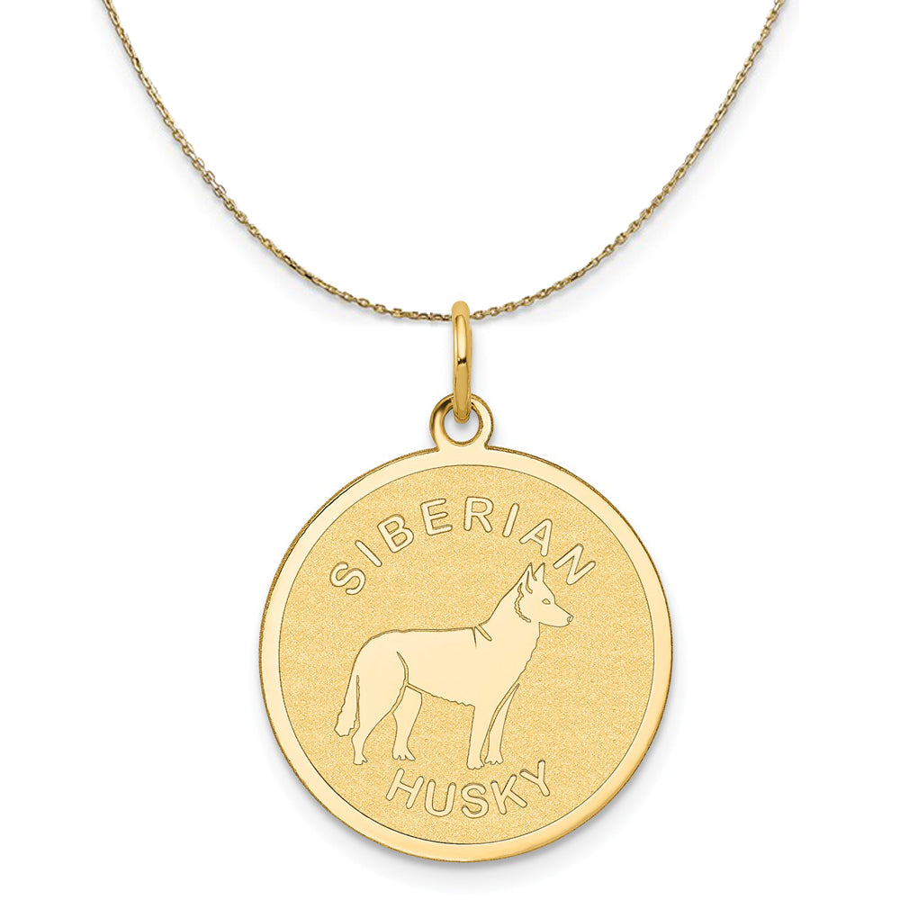 14k Yellow Gold Etched Siberian Husky Disc Necklace, 19mm, Item N20373 by The Black Bow Jewelry Co.