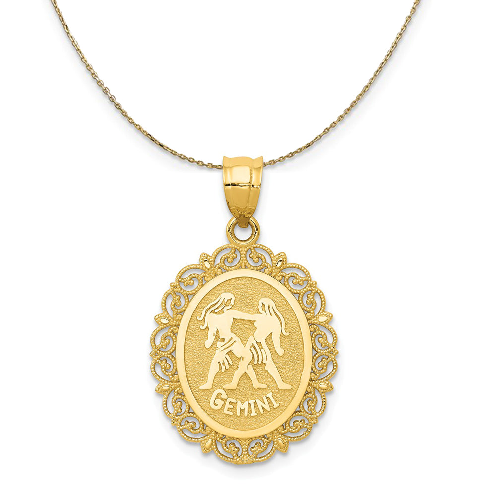 14k Yellow Gold Filigree Gemini the Twins Zodiac Necklace, Item N20404 by The Black Bow Jewelry Co.