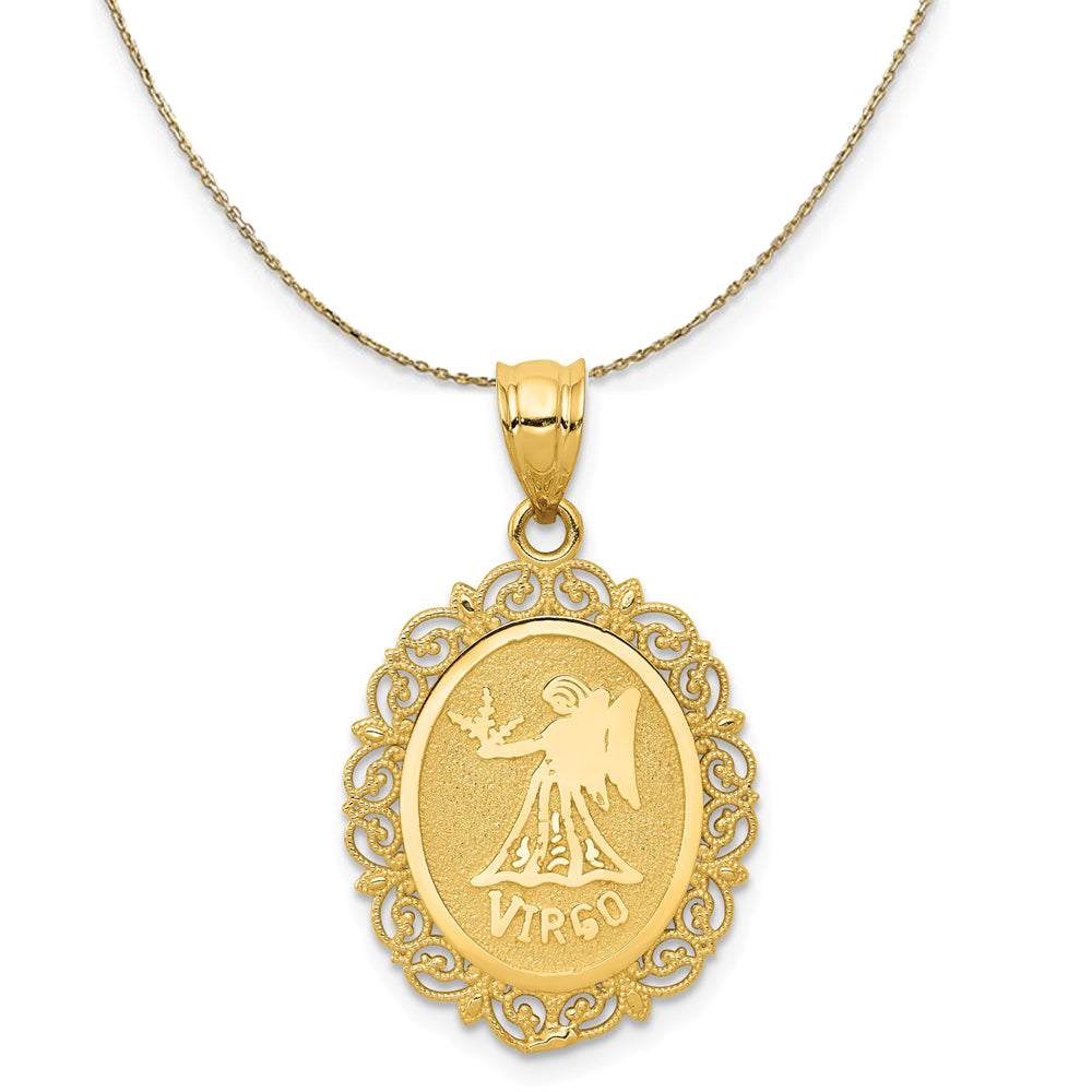 14k Yellow Gold Filigree Virgo the Virgin Zodiac Necklace - The