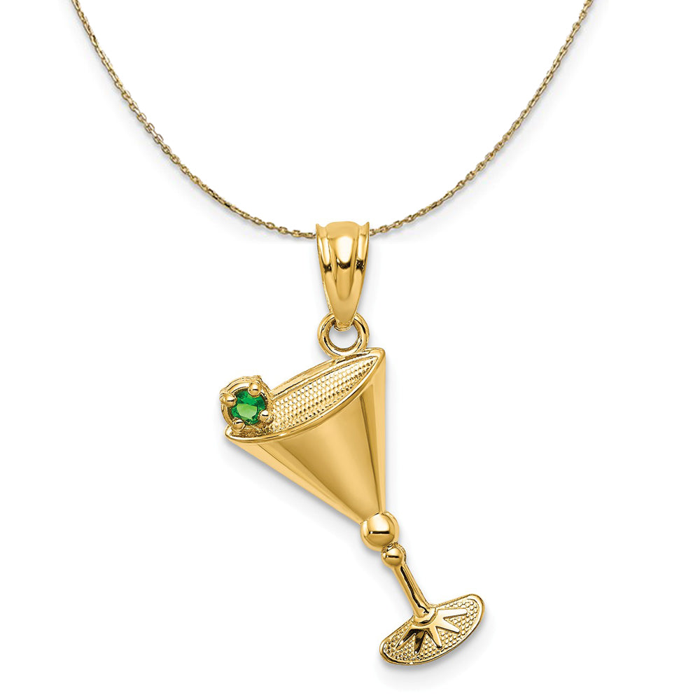 14k Yellow Gold Martini Glass and Green CZ Olive Necklace, Item N20422 by The Black Bow Jewelry Co.