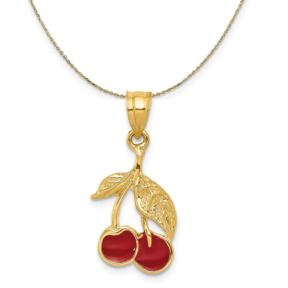 14k Yellow Gold Red Enameled Cherries Necklace, Item N20429 by The Black Bow Jewelry Co.