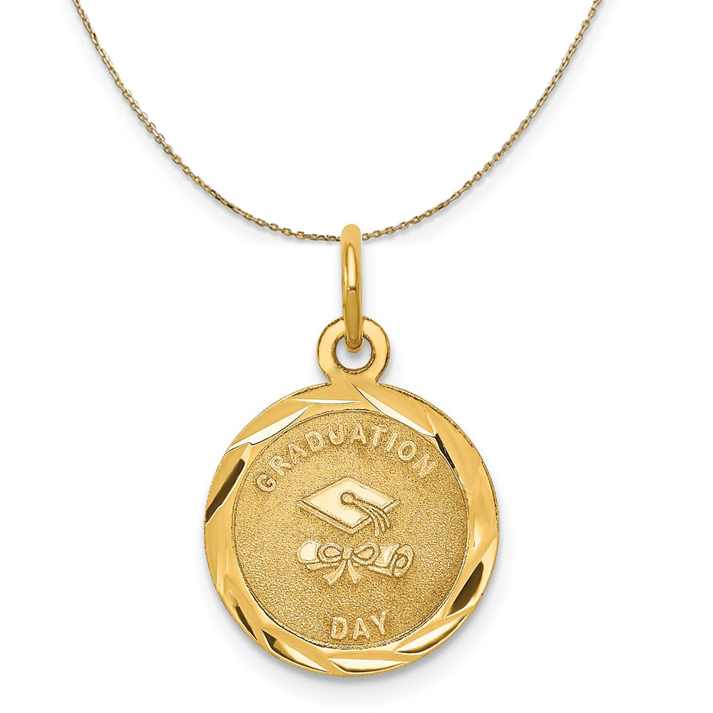 14k Yellow Gold Graduation Day Brocaded Disc Necklace, 13mm, Item N20467 by The Black Bow Jewelry Co.