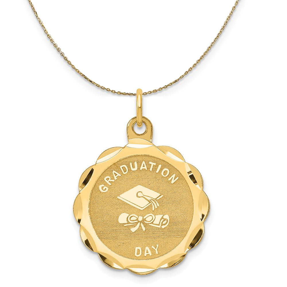 14k Yellow Gold Graduation Day Brocaded Disc Necklace, 20mm, Item N20468 by The Black Bow Jewelry Co.