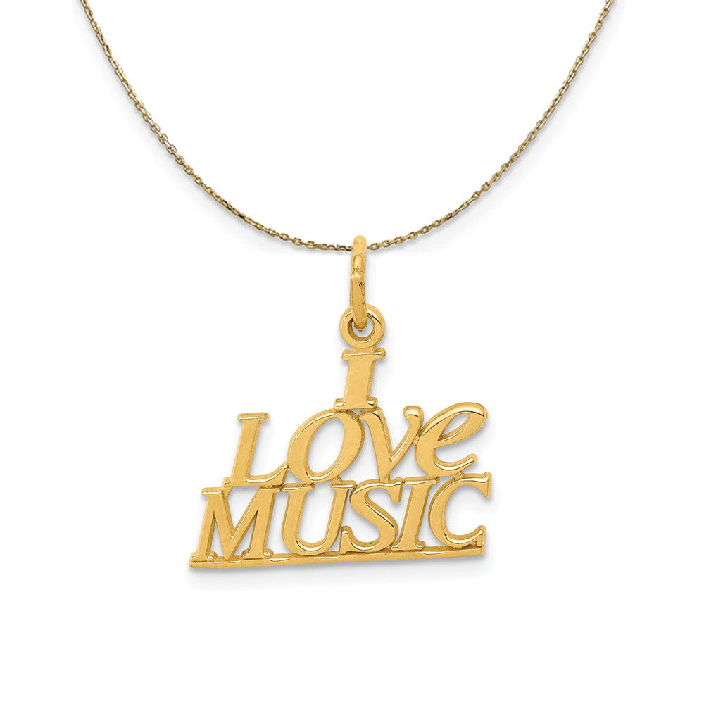 14k Yellow Gold Polished I love Music Script Necklace, Item N20505 by The Black Bow Jewelry Co.