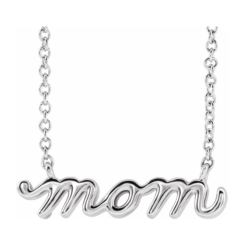 14K White Gold Petite Mom Script Necklace, 16 Inch or 18 Inch, Item N22777 by The Black Bow Jewelry Co.