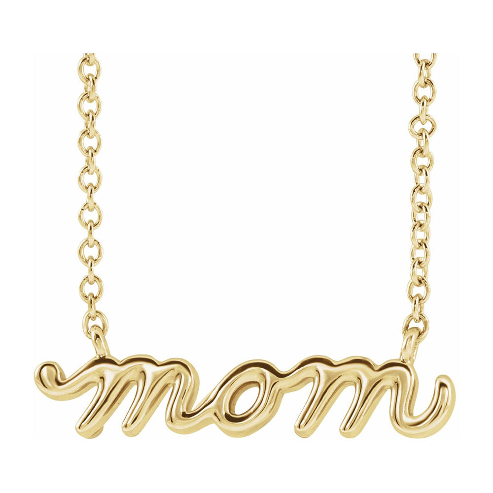 14K Yellow Gold Petite Mom Script Necklace, 16 Inch or 18 Inch, Item N22778 by The Black Bow Jewelry Co.