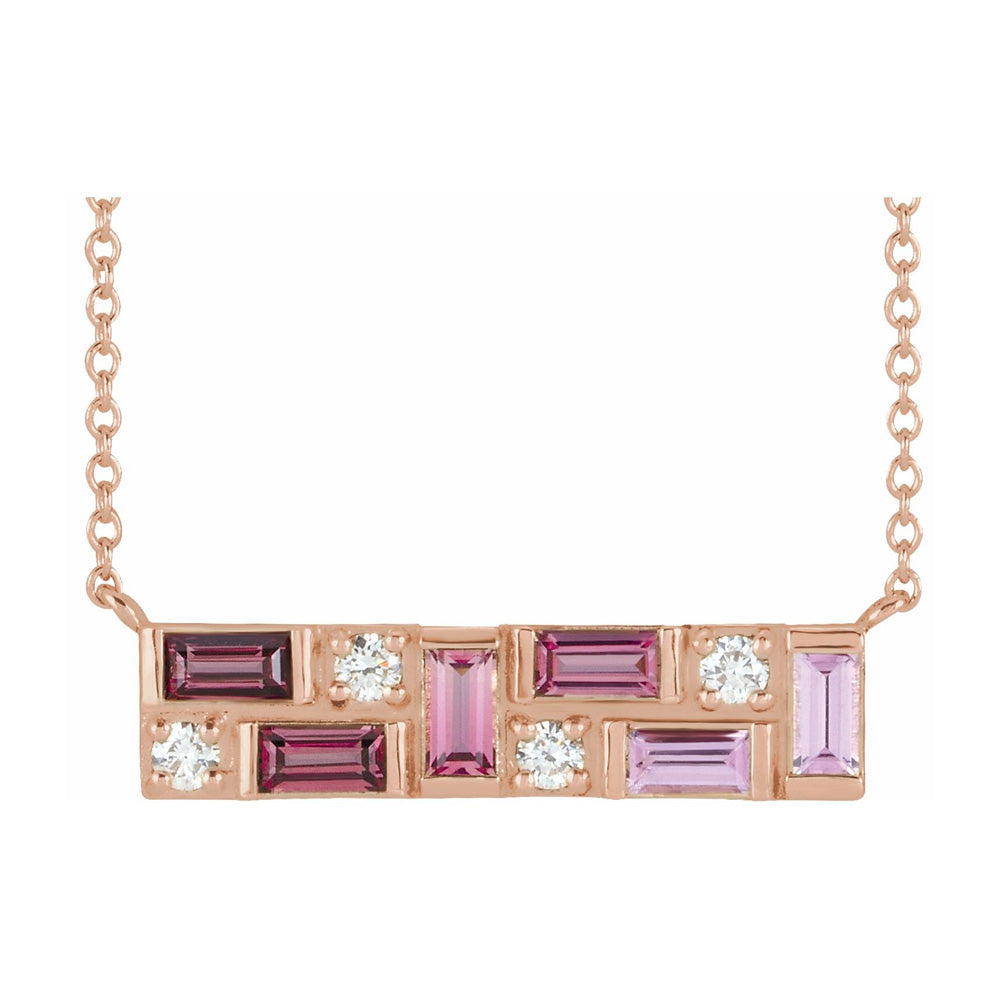 14K Rose Gold Pink Multi-Gemstone & 1/8 CTW Diamond Bar Necklace, 18in, Item N22808 by The Black Bow Jewelry Co.
