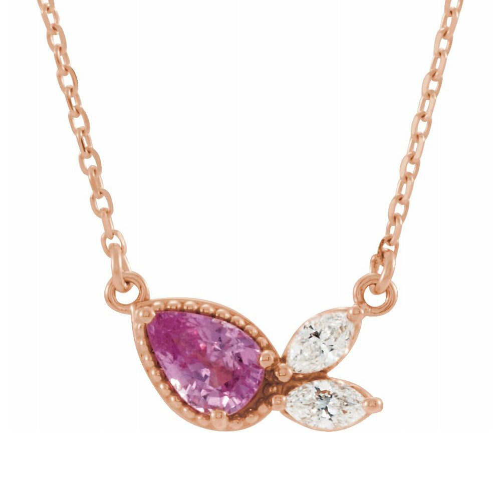 14K Rose Gold Pink Sapphire &amp; 1/6 CTW Diamond Necklace, 16 or 18 Inch, Item N22821 by The Black Bow Jewelry Co.