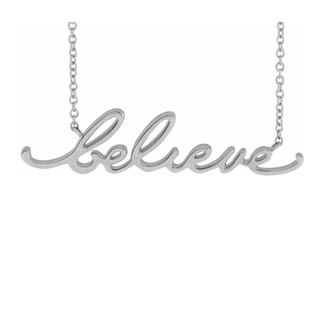 14K White Gold Petite Believe Script Necklace, 16 or 18 Inch, Item N22833 by The Black Bow Jewelry Co.
