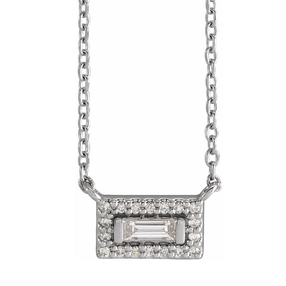 14K White Gold 1/10 CTW Diamond Baguette Halo-Style Necklace, Item N22838 by The Black Bow Jewelry Co.