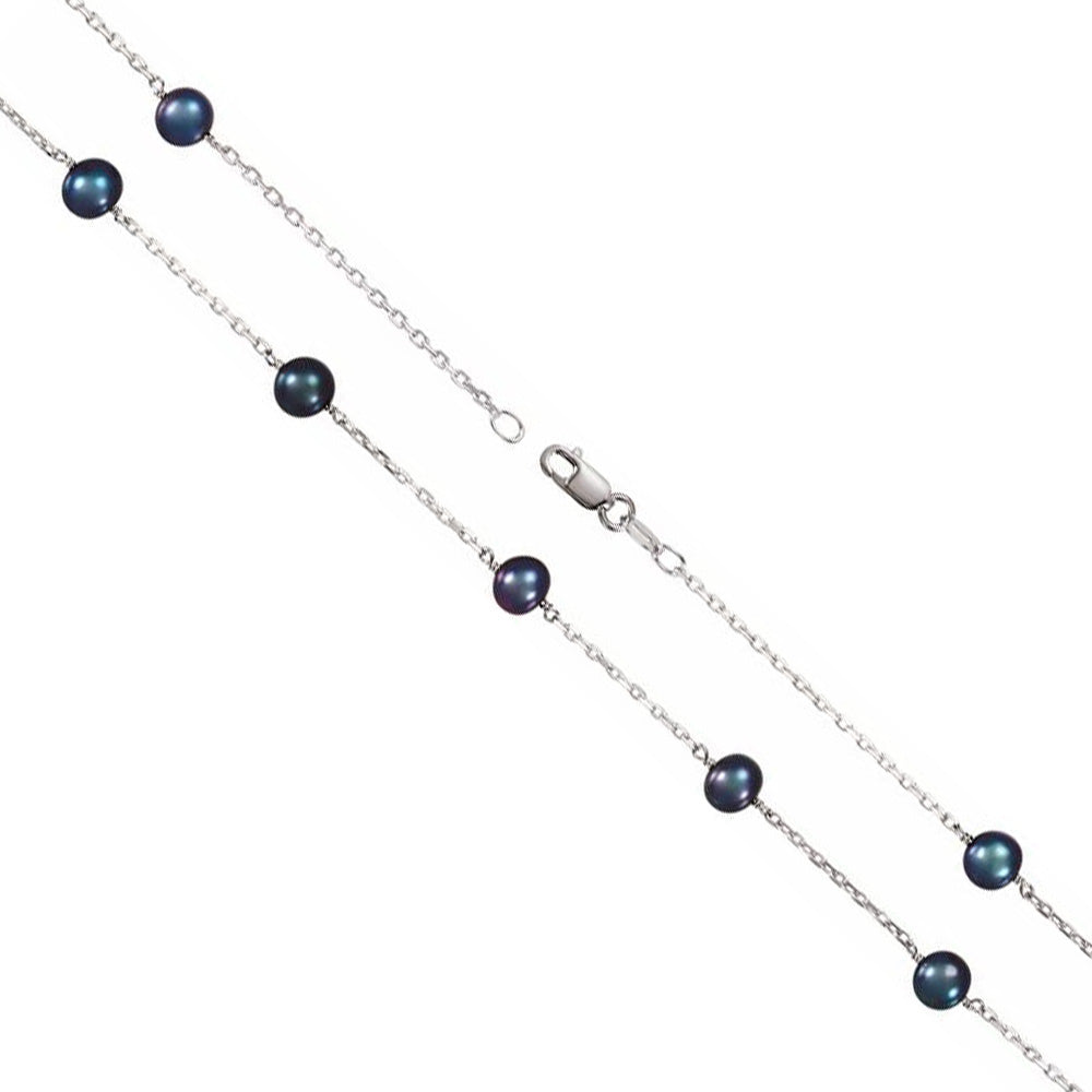 Alternate view of the 6mm Sterling Silver FW Black Cultured Pearl Station Necklace, 18 Inch by The Black Bow Jewelry Co.