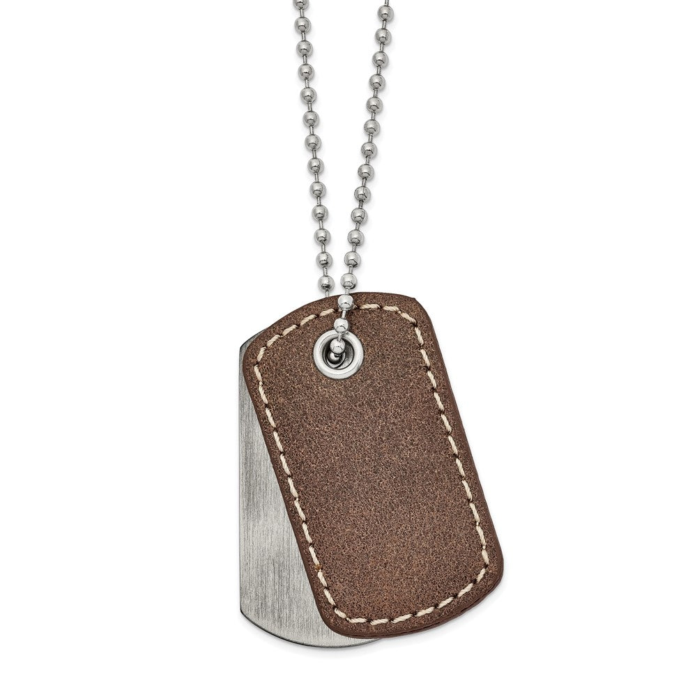 Men&#39;s Stainless Steel &amp; Brown Leather 2 Piece Dog Tag Necklace, 22 In, Item N22935 by The Black Bow Jewelry Co.