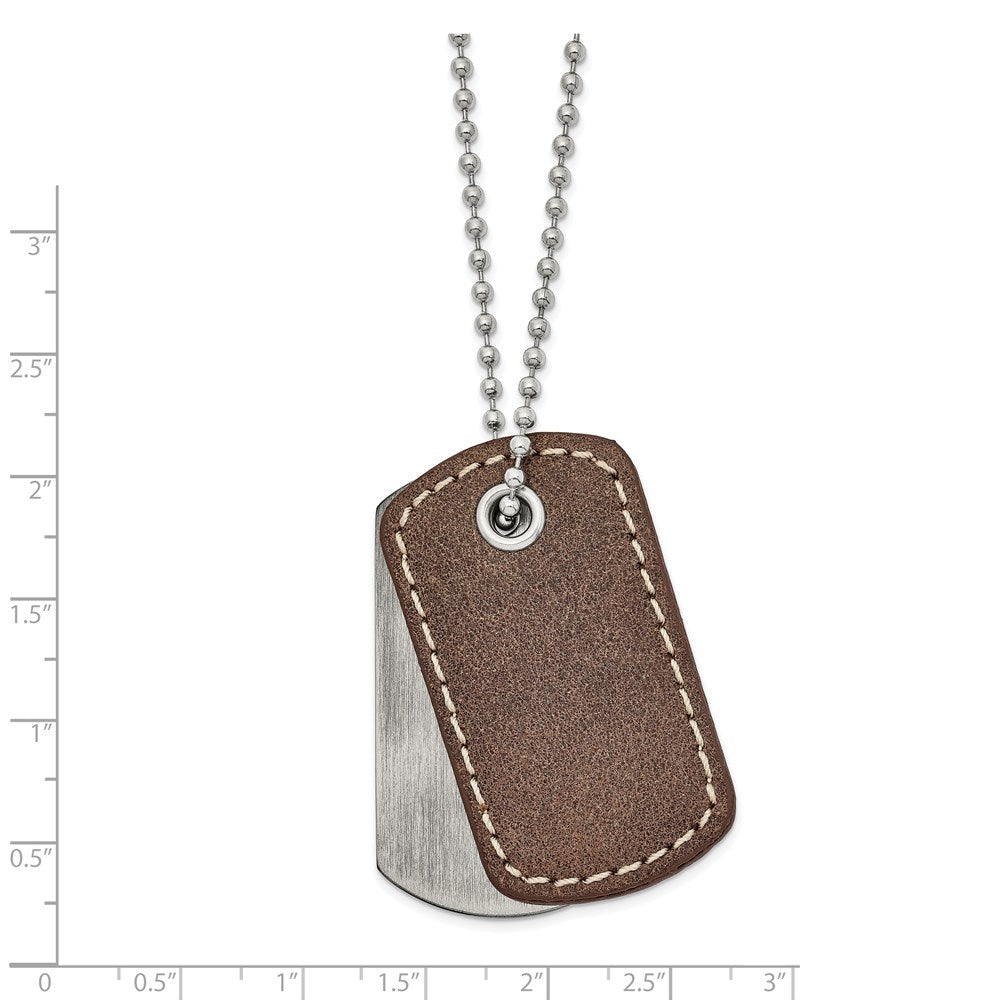 Alternate view of the Men&#39;s Stainless Steel &amp; Brown Leather 2 Piece Dog Tag Necklace, 22 In by The Black Bow Jewelry Co.