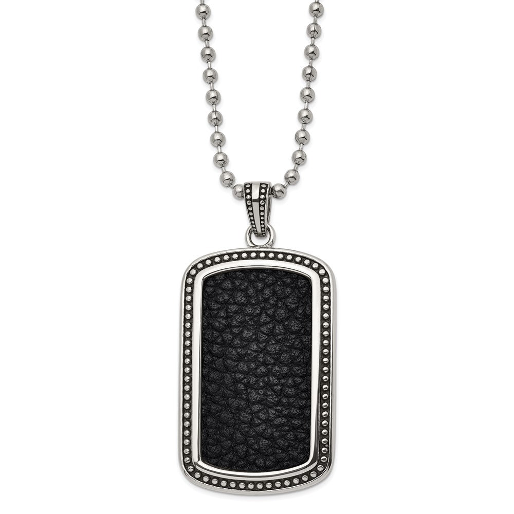 Men&#39;s Stainless Steel &amp; Black Leather Antiqued Dog Tag Necklace, 22 In, Item N22968 by The Black Bow Jewelry Co.