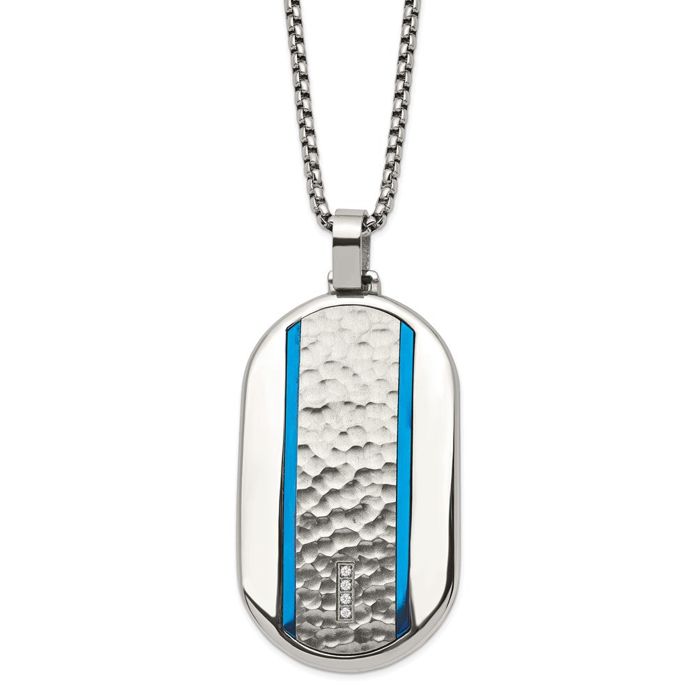 Stainless Steel CZ Blue Plated Large Rounded Dog Tag Necklace, 24 Inch, Item N22986 by The Black Bow Jewelry Co.