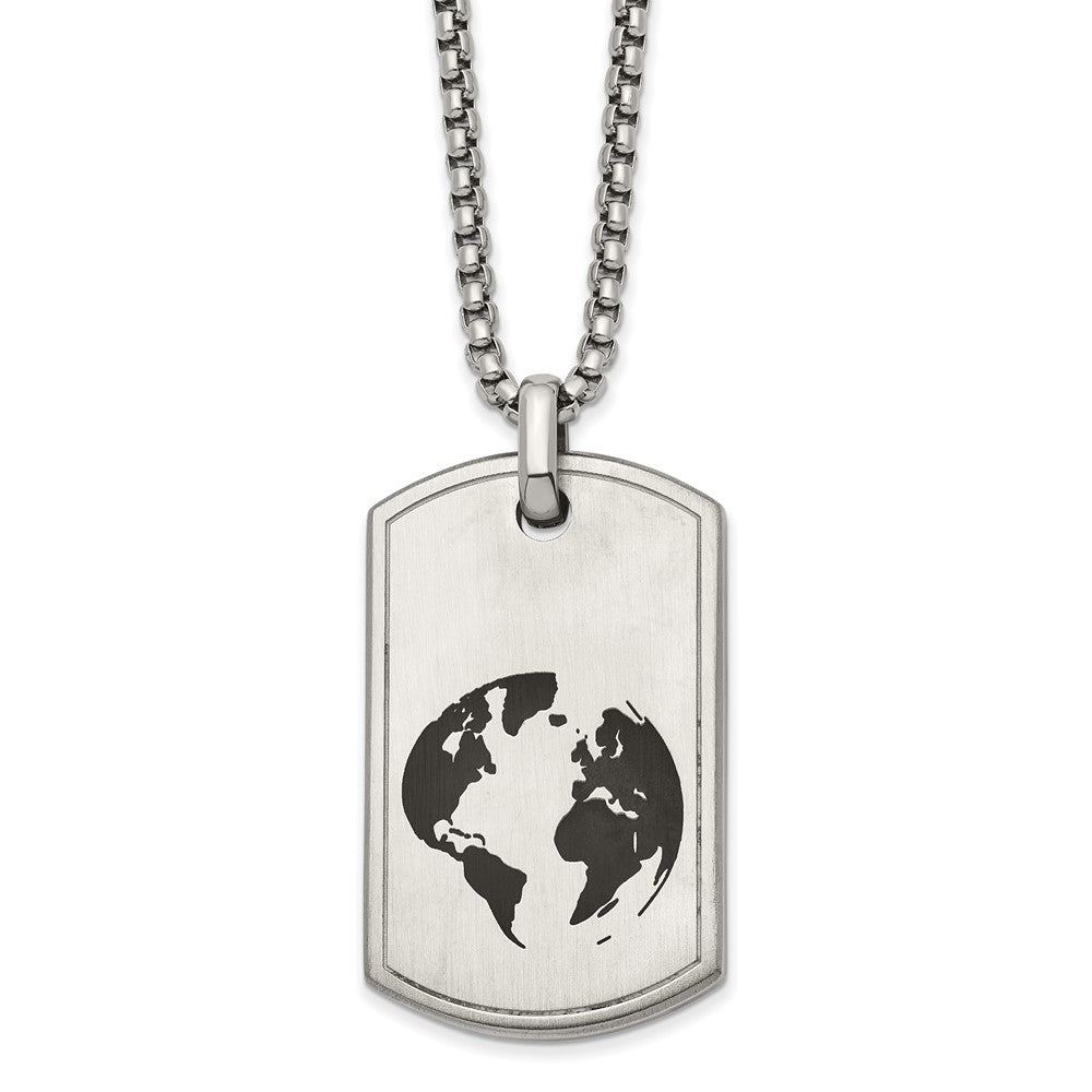 Stainless Steel Brushed &amp; Enamel Earth Dog Tag Necklace, 24 Inch, Item N23000 by The Black Bow Jewelry Co.