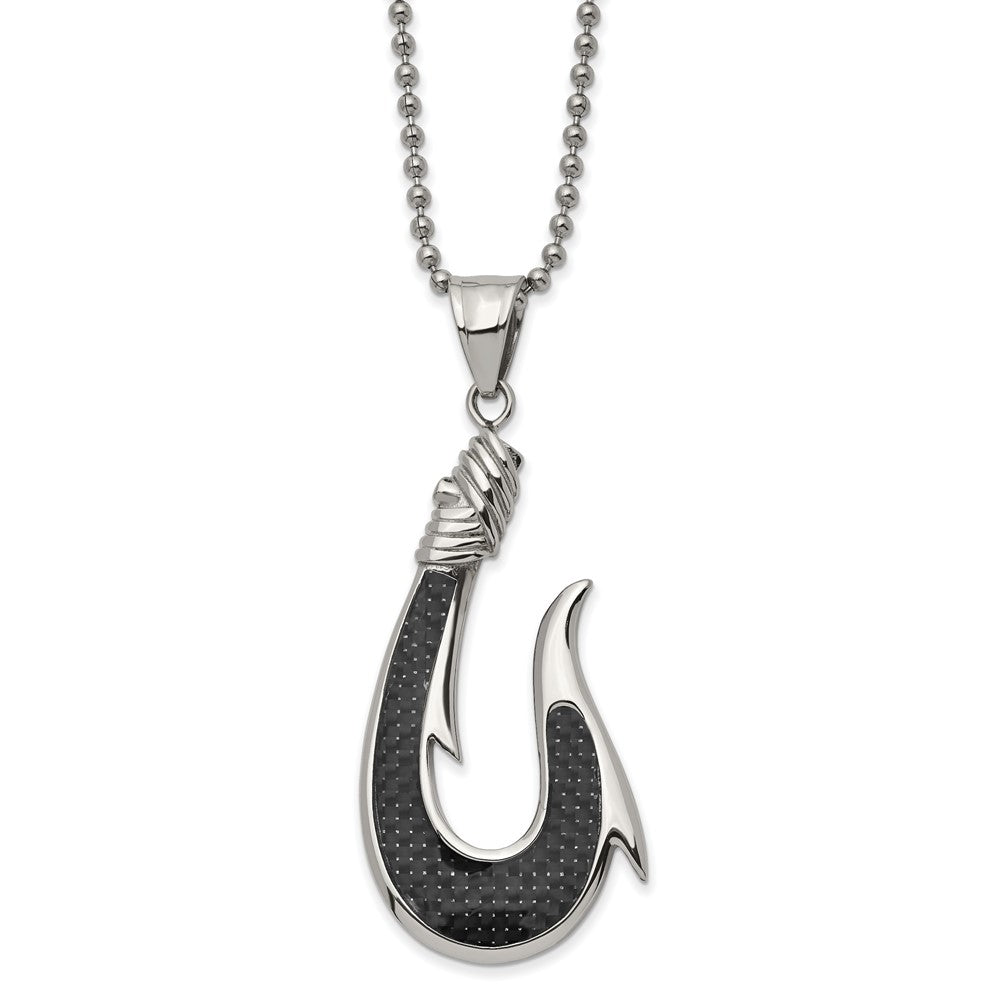 Stainless Steel &amp; Black Carbon Fiber Large Hook Necklace, 22 Inch, Item N23011 by The Black Bow Jewelry Co.