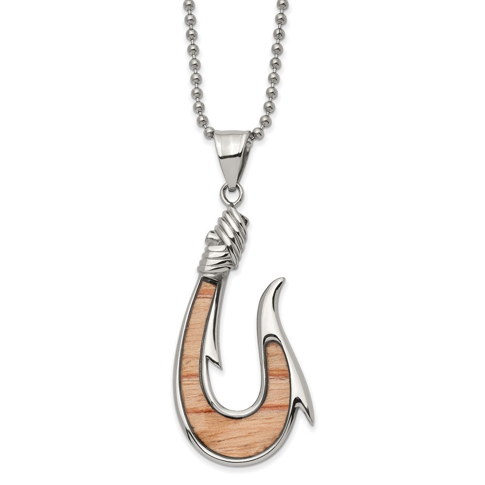 Stainless Steel &amp; Wenge Wood Inlay Large Hook Necklace, 22 Inch, Item N23013 by The Black Bow Jewelry Co.