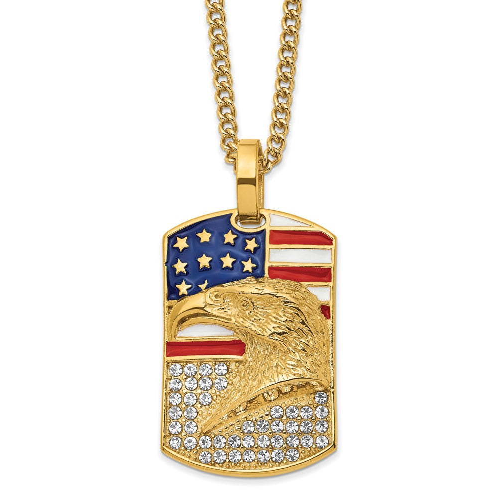 Stainless Steel, Gold-Tone, Enamel, Crystal Eagle Flag Necklace, 24 In, Item N23024 by The Black Bow Jewelry Co.