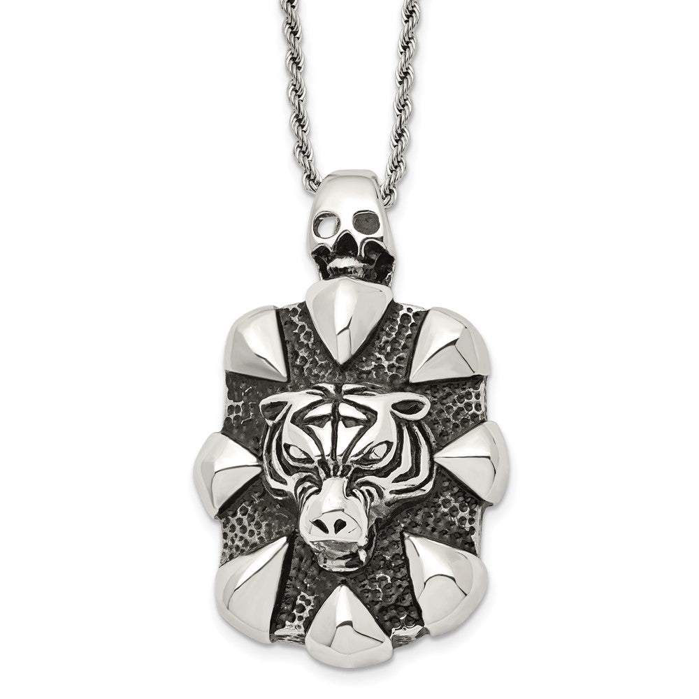Mens Stainless Steel XL Open Back Tiger and Skull Necklace, 20 Inch, Item N23029 by The Black Bow Jewelry Co.