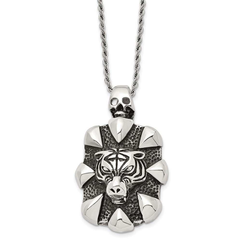 Alternate view of the Mens Stainless Steel XL Open Back Tiger and Skull Necklace, 20 Inch by The Black Bow Jewelry Co.
