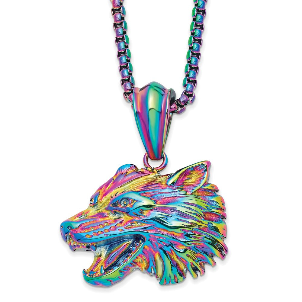 Rainbow Plated Stainless Steel Large Wolf Head Necklace, 24 Inch, Item N23031 by The Black Bow Jewelry Co.