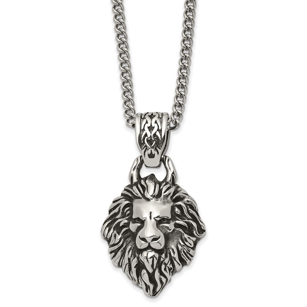 Stainless Steel Medium Antiqued Lion&#39;s Head Necklace, 24 Inch, Item N23033 by The Black Bow Jewelry Co.