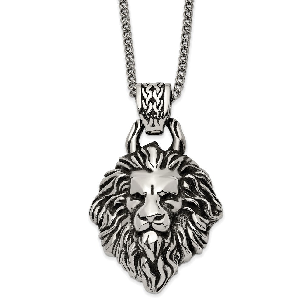 Stainless Steel X-Large Antiqued Lion&#39;s Head Necklace, 24 Inch, Item N23034 by The Black Bow Jewelry Co.